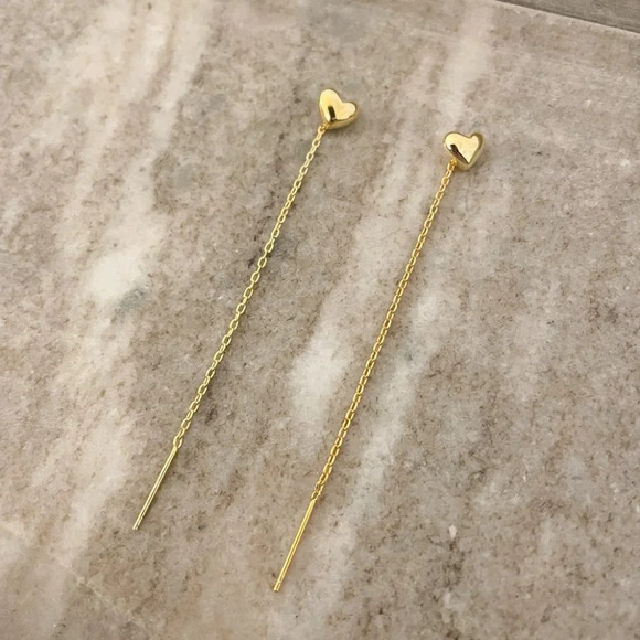 925 Sterling Silver Heart Threader Earrings Dainty Minimalist Threaders - Picture 5 of 6